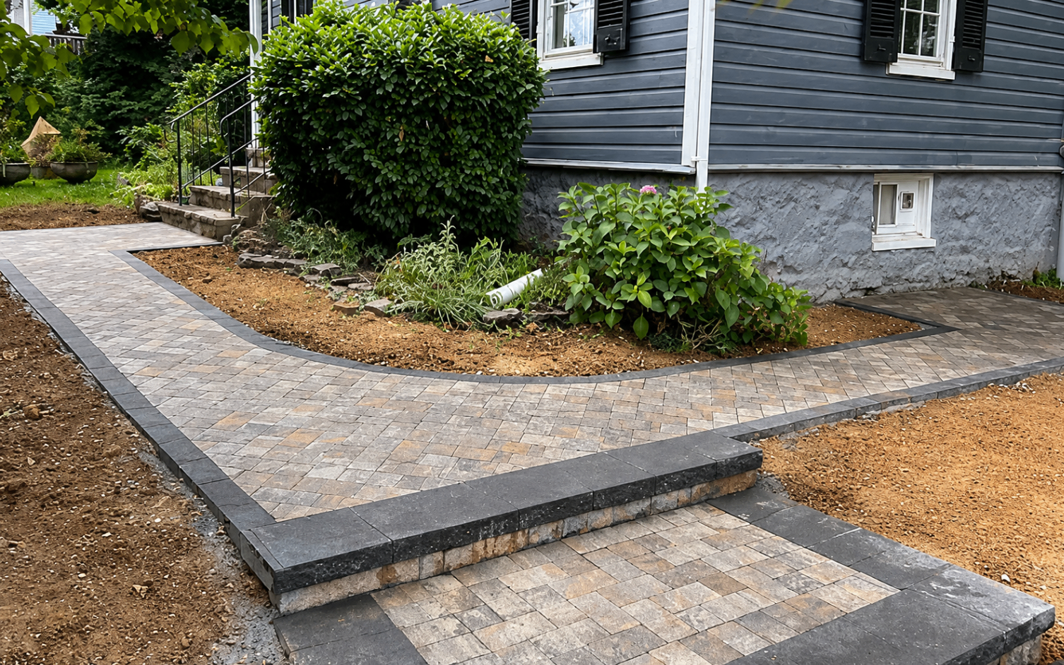 Curved paver walkway with dark soldier course border and raised step detail