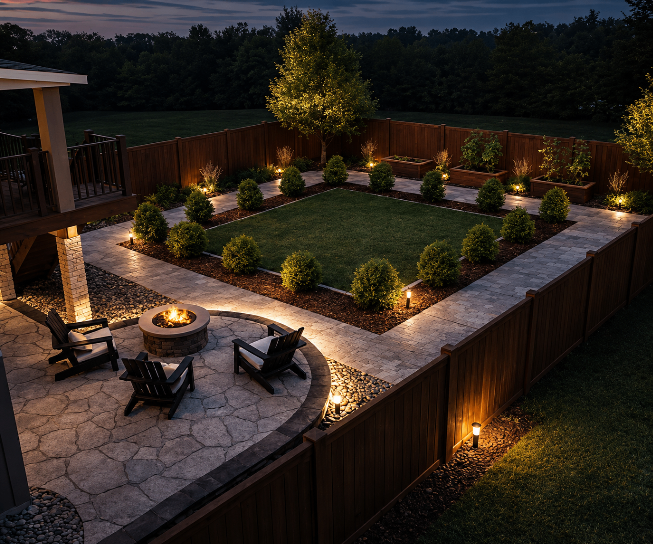 Backyard hardscape with fire pit, paver walkways, privacy fence, and landscape lighting at dusk